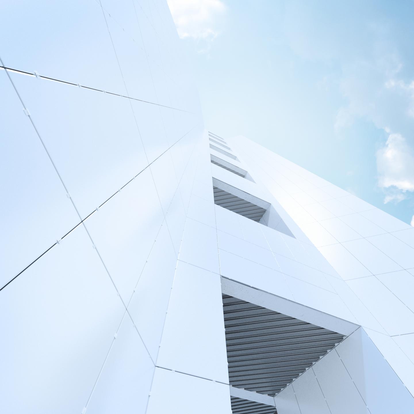 Illustration showing the Fixade façade mounting system with white cladding panels, captured from a bottom-up perspective